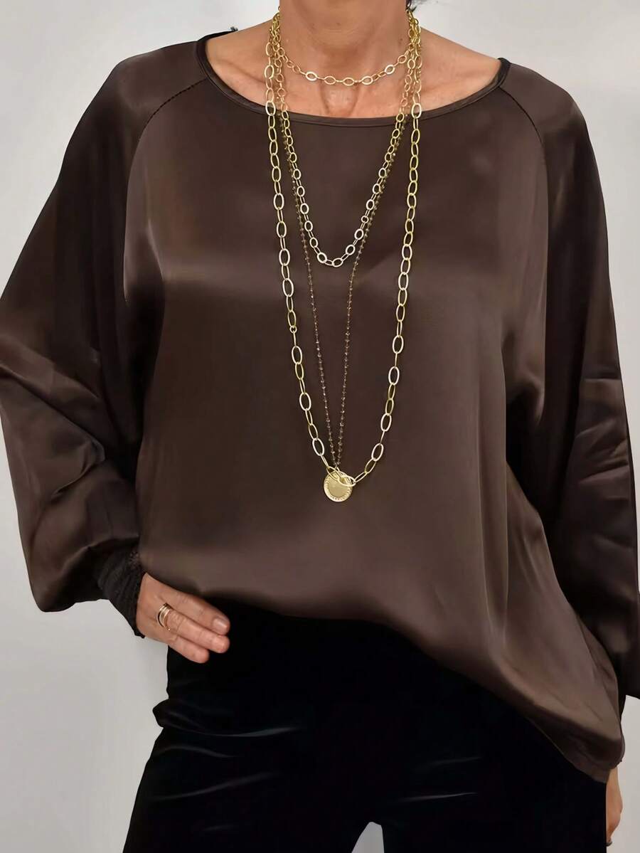Women's Plus Size Fashion Elegant Satin Round Neck Loose Shirred Elastic Cuff Top, Suitable For Spring Summer Autumn Daily Wear, Vacation, Casual, Holiday, Commuting - Coffee Brown - View 1