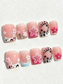 10 Buah Kuku Tempel Pendek Persegi Motif Bunga Hibiscus Hitam Tekstur Susu 3D Pink Putih dengan Hiasan Berlian Imitasi, Lucu, dan Segar Gaya Y2K yang Dilukis Tangan. - MultiWarna - View 2
