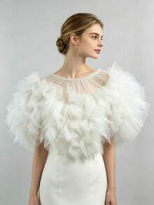 1pc Fluffy Petal Tulle Bridal Shawl, Off-Shoulder Mesh Cape, Wedding Photography Evening Dress Ruffle Short Shawl, Bridal Gown Decorative Accessory - A - View 3