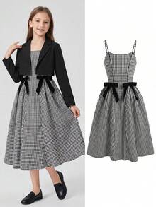 Girls' Spaghetti Strap Dress, All-Season Wear, College Style, Casual Daily Outfit, Back To School Season Essential, Color-Block Sweet Bow Decor - Black and White - View 6