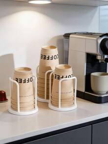 1pc Solid Tone Disposable Cup Holder, Modern Style Wood & Metal Material Double Slot Shape With Curved Frame Detail, Neat Storage Function Paper Cup Dispenser, For Cafe Kitchen Counter Home Office Daily Use All Season Tabletop Decor - Multicolor - View 3