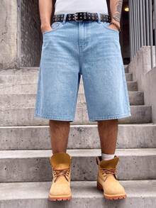 Quần short denim nam dáng rộng, màu xanh nhạt giặt wash, độ dài vừa, phong cách đường phố thường ngày - Rửa nhẹ - Xem 3