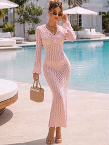 Women Pink Hollow Knit Midi Dress Ruffled V Neck Button Placket Flare Long Sleeve Sheer Bodycon Beach Coverup Dress- - Pink - View 3