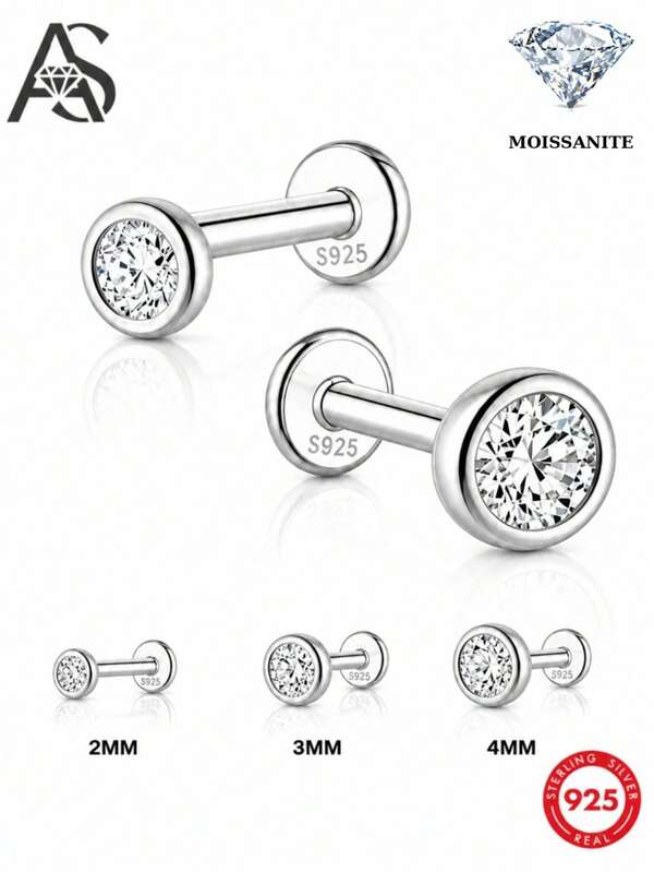 AnlaScheer 1 buah Moissanite 0,1ct Perak Sterling 925, Anting Tindik Telinga Helix Bulat dengan Alas Bingkai Datar, Perhiasan Pertunangan, Pernikahan, dan Pengantin untuk Wanita