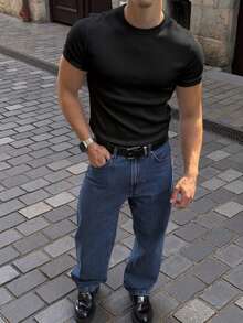 Men's Casual T-Shirt Slim Fit Basic Social Fashion - 黑色 - 查看 3