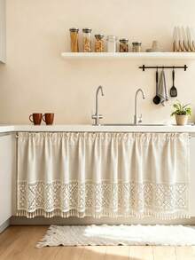 1Pc,Boho Beige Geometric Hollowed Crochet Tassel Short Curtain Retro Imitation Linen Half Curtain For Living Room Kitchen Homestay Decortive - Beige - View 1