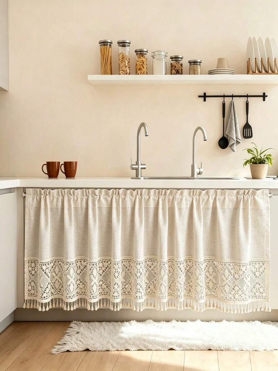 1Pc,Boho Beige Geometric Hollowed Crochet Tassel Short Curtain Retro Imitation Linen Half Curtain For Living Room Kitchen Homestay Decortive - Beige - View 1