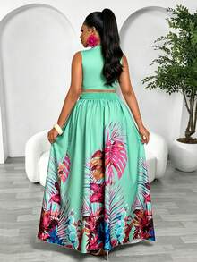 Women's Plus Size Elegant Holiday Casual Solid Color Sleeveless Tank Top And Tropical Coconut Tree Print Long Skirt 2-Piece Set, Vacation, Summer, Tropical Style (Positioned Print) - Green - View 2
