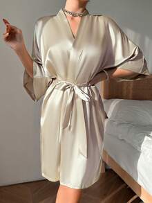 Jubah Pendek Satin Sutra Wanita Warna Polos Elegan dengan Ikatan Depan untuk Musim Gugur/Dingin, Gaun Pagi Seksi dan Nyaman, Jubah Pengantin, Jubah Pengiring Pengantin, Gaya Kimono dengan Ikat Pinggang, Cocok untuk Digunakan di Rumah - Khaki - View 3