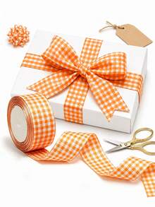 3 Rolls Orange Plaid Ribbon, Orange & White Thin Striped Decorative Ribbon And Buffalo Plaid Ribbon, Suitable For Autumn Holidays, Christmas Tree And Wreath Decoration, As Well As Valentine's Day And Birthday Gift Wrapping - Multicolor - View 1