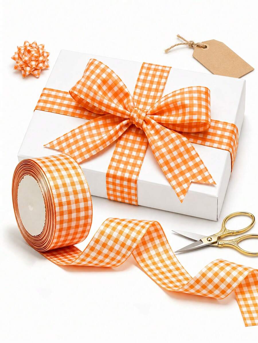 3 Rolls Orange Plaid Ribbon, Orange & White Thin Striped Decorative Ribbon And Buffalo Plaid Ribbon, Suitable For Autumn Holidays, Christmas Tree And Wreath Decoration, As Well As Valentine's Day And Birthday Gift Wrapping - Multicolor - View 1