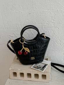 New Solid Color PU Fabric Crocodile Embossed Mini Handbag For Women, Vintage Round Handle With Cherry Charm, Fashionable Sweet Shoulder Crossbody Bag - A - View 12