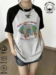 Kaos Wanita Lengan Raglan Warna Blok Leher Bulat Kasual Motif Huruf & Beruang Lengan Pendek Musim Panas - Abu-abu gelap - View 2
