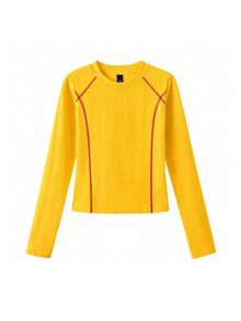 Niche Solid Color American Sports Slim Fit Cropped T-Shirt For Women, Autumn Round Neck Unique Design Y2K Top - Yellow - View 6