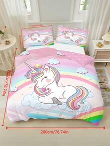1/3pcs Set, Includes 1 Duvet Cover And 2 Pillow Shams, Duvet Cover Made Of Polyester Fabric, Digital Printed Pattern With Smiling Rainbow Unicorn. Available In Multiple Sizes, Suitable As Holiday Gift For Girls And Children. - Multicolor - View 12