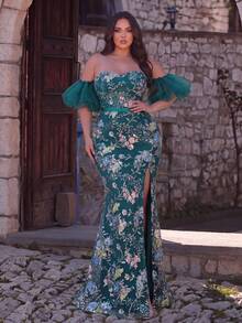 Plus Size Glamorous Floral Sequin Open Shoulder Cold Shoulder Mermaid Formal Evening Gown Long Dress Wedding Party Vacation - Teal Blue - View 2