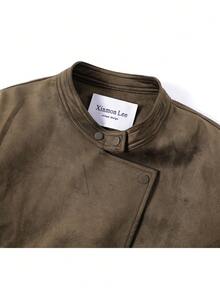 Korean Classic Vintage Short Suede Asymmetric Button Design Jacket Coat For Evening Date, College, Daily Wear, Autumn/Winter - Coffee Brown - View 2