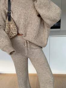 Women's Ribbed Knit Sweater Set In Khaki, Includes Drawstring Pants, Medium Stretch, Warm Casual Loungewear For Autumn/Winter - Khaki - View 2