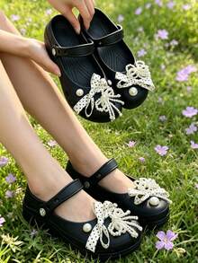 Light Luxury Elegant Ballet Style Polka Dot Bow Pearl Rhinestone 3D High-End Detachable DIY Snap Shoe Charms Accessories Niche Aesthetic Bow Pearl Compatible With Clogs - White - View 5