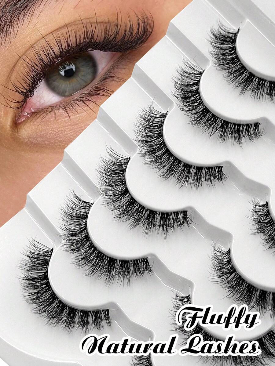 Sibeuna 6 Pairs Fluffy Natural Lashes Cat Eye Lashes Clear Band Faux Mink Lashes,Reusable,For Daily Style Eye Makeup,Beginner-Friendly,Full Strip Lashes - Black - View 1