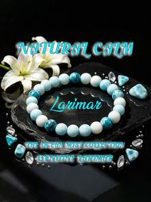 Natural Sea-Patterned Stone Round Bead Elastic Bracelet, Sea Mist Design For Calm And Peace, Unisex Bohemian Style Versatile Layering Jewelry Gift - Baby Blue - View 6
