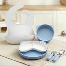 Silicone Baby Feeding Set 5pc, Anti-Choke Spoon & Fork, Waterproof Bib, Easy-Clean, 6M+, New Mom Gift - Blue - View 11