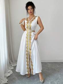 Women's Summer Fashion Elegant Sleeveless V-Neck Gold Lace Patchwork White Dress - White - View 5
