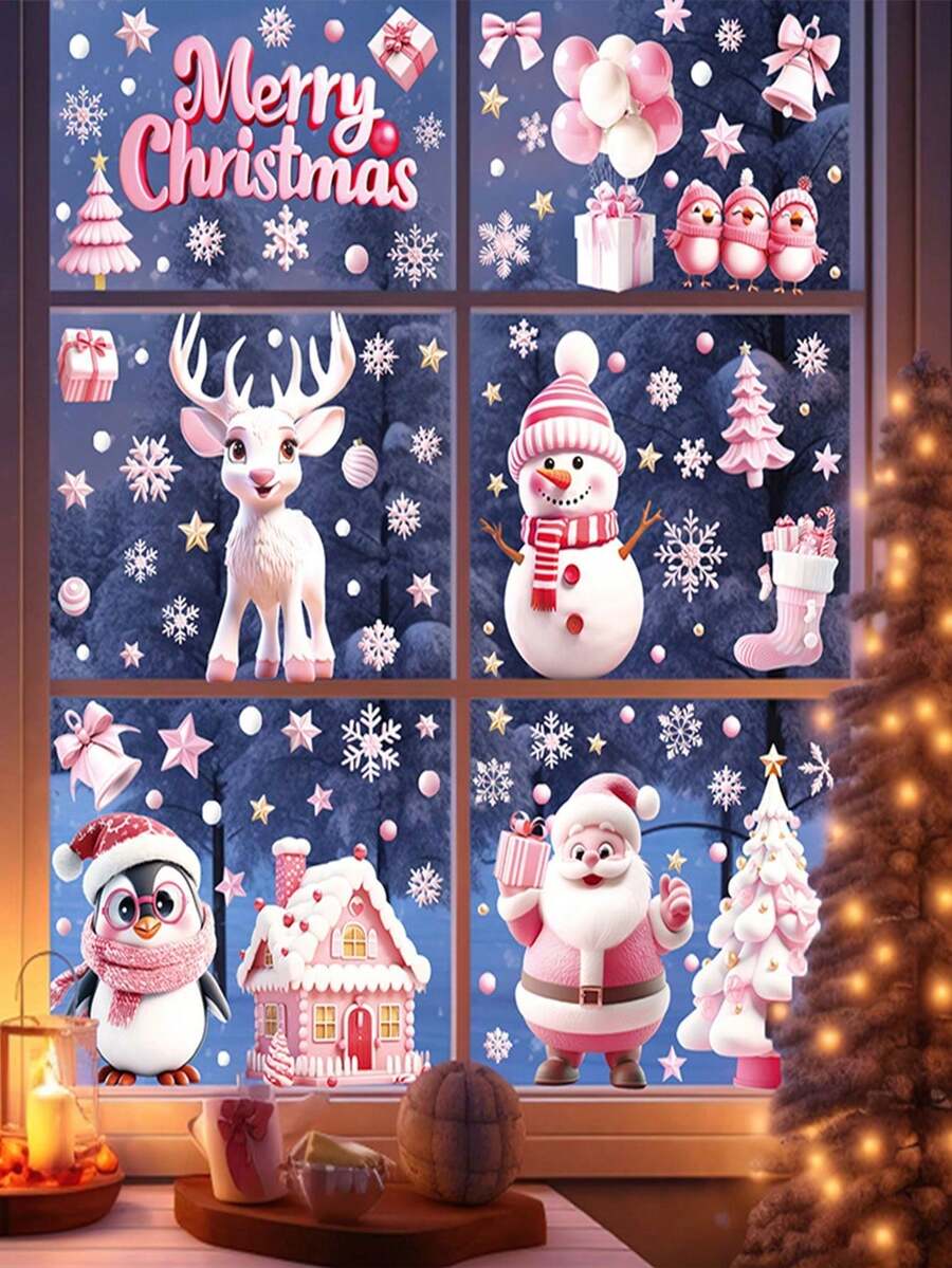 9pcs Pink 3D Christmas Window Stickers, Christmas Decoration Decals, Suitable For Christmas Home Decor, Including Santa Claus, Reindeer, Snowman, Snowflake, Christmas Elements, Suitable For Holiday Office Decoration, Christmas Window Stickers - View 1