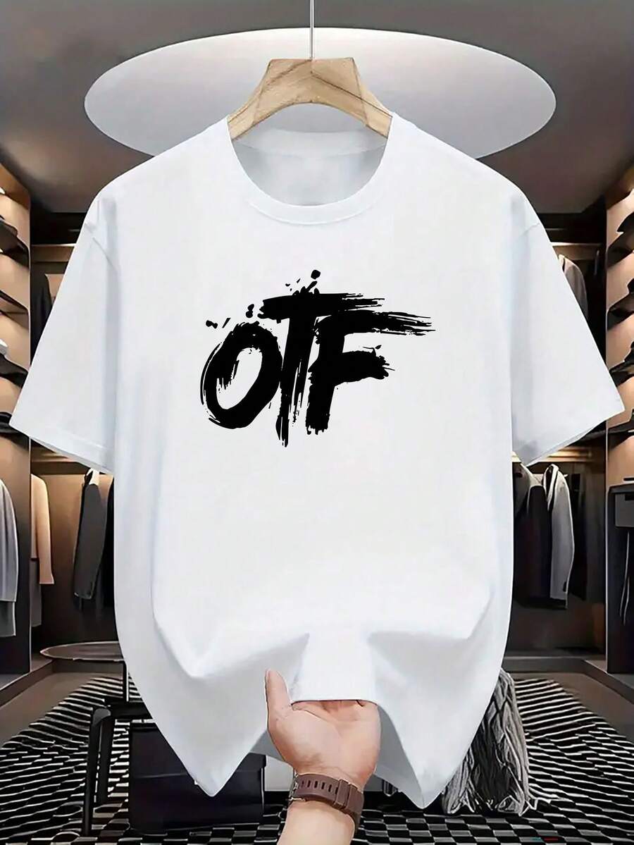 Men's Short-Sleeve T-Shirt, Casual, Crew Neck, With Minimalist Creative Print. - 白色 - 查看 1