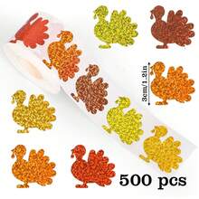 500 piezas/rollo Pegatinas holográficas láser con forma de pavo de Acción de Gracias, grandes de 1.2 pulgadas, 5 colores, etiquetas de sellado de pavo de dibujos animados de otoño para sobres, revistas, fundas de teléfono, botellas de agua, computadoras, cascos, álbumes de recortes, decoraciones DIY, empaque de regalos para fiestas de Acción de Gracias, pegatinas de sellado autoadhesivas de PVC - Multicolor - Ver 1
