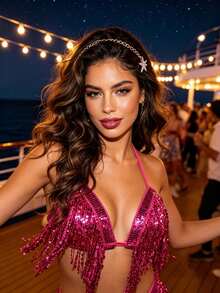 Belly Dance Jazz Sequin Fringe Halter Fitted Performance Crop Top (Multiple Colors Available) - Multicolor - View 18