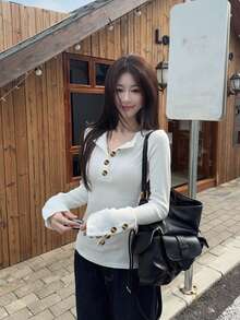 Women's Half-Neck Long Sleeve T-Shirt, Summer Design, Slim Fit, Flattering, Korean Style Inner Layer Top - White - View 3