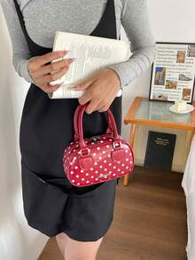 女款小眾波點保齡球包 時尚新款單肩斜跨小方包 文藝復古波士頓包 - 紅色 - 查看 9