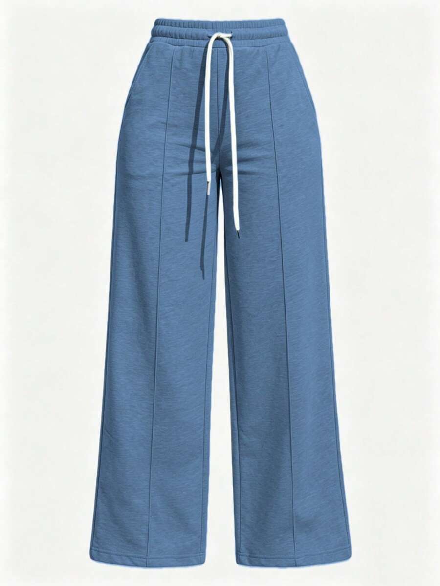 Pantalones de chándal negros de punto de pierna ancha para mujer con cintura ajustable, joggers largos para comodidad casual - Azul - Ver 1