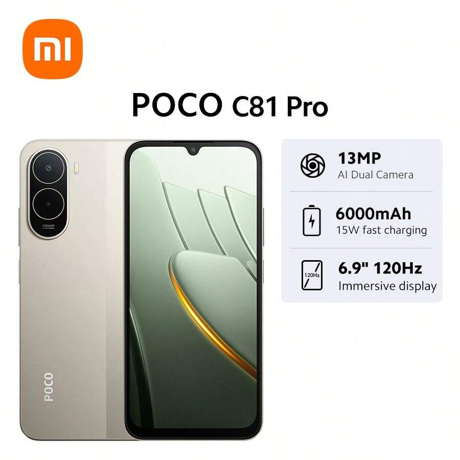 Xiaomi POCO C81 Pro 全球版智慧型手機 NFC 沉浸式 6.9 吋螢幕 120Hz 高更新率 6000mAh(Typ) 電池 強大八核心處理器 13MP AI 雙鏡頭 優雅精緻設計 支援記憶體擴充 側邊指紋辨識 AI 面部解鎖 3.5mm 耳機孔 200% 音量增強 Xiaomi HyperOS 3 - 金色 - 查看 1
