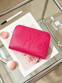 Lancôme Bright Fuchsia PU Makeup Bag LANCOME-GIFT-26 Embossed Large Rose Pattern Full Zip Large Capacity Travel Toiletry Bag Women's Gift Set - Hot Pink - View 4