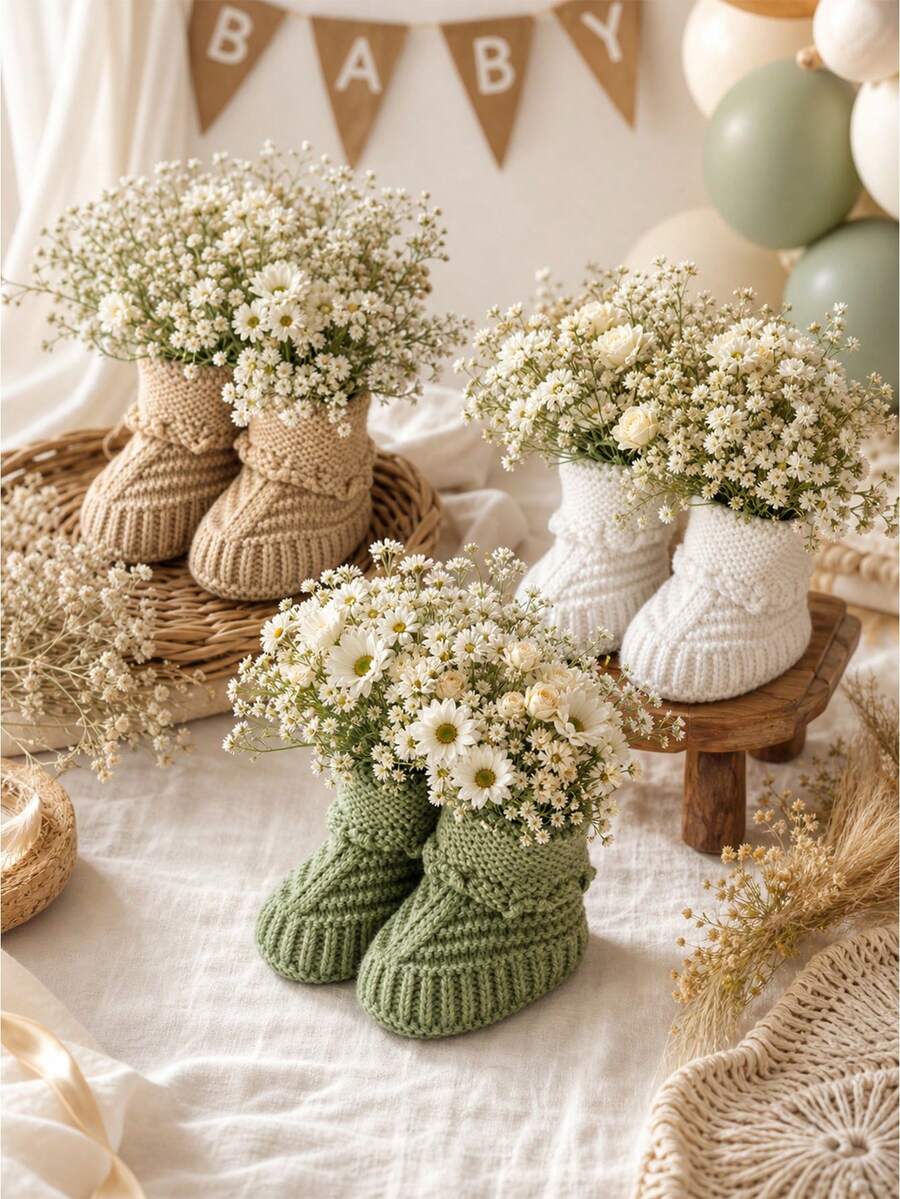 1set Baby Shower Table Decorations Crochet Knitted Baby Booties Bulk Newborn Announcement Boho Table Centerpieces Neutral Gender Reveal Party Decor - Multicolor - View 1