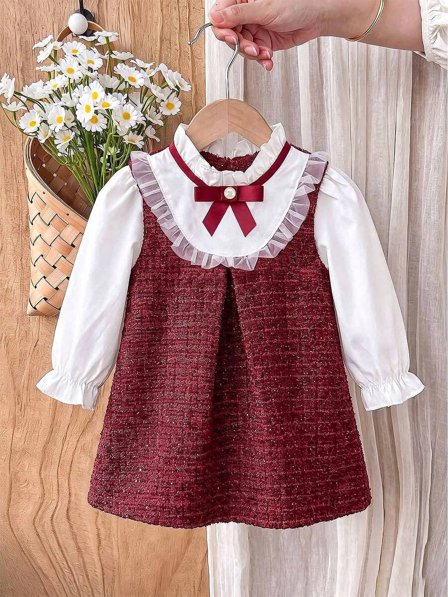 Baby Girl Bow Collar Long Sleeve Cuffed Fashion Dress - Burgundy - View 1