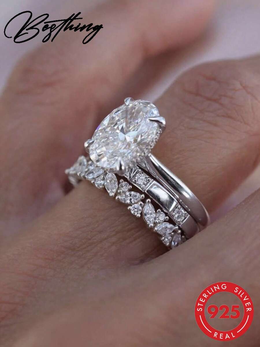 Besthing 3件組奢華優雅 S925 純銀橢圓鋯石戒指套組,適合女性訂婚、婚禮、宴會、日常配戴、週年紀念、節日禮物、婚禮季 - 銀色 - 查看 1