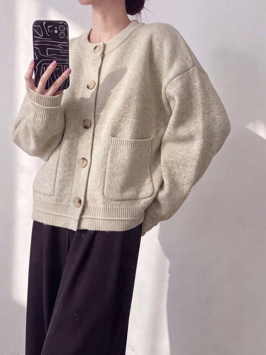 Cardigan Pendek Rajut Nyaman untuk Wanita, Kancing Depan, Sweater Lengan Panjang Kerah Bulat, Cocok untuk Pakaian Musim Gugur/Musim Dingin - Aprikot - View 1