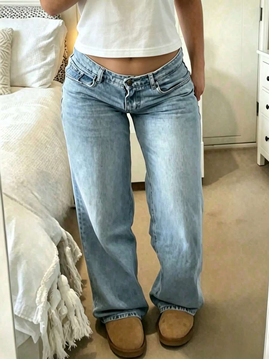 Celana Jeans Denim Biru Muda Pudar Bergaya Vintage Amerika untuk Remaja - Light Wash - View 1