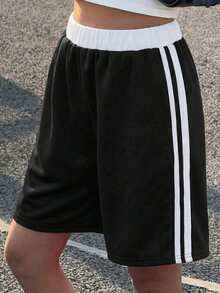 1pc Tween Girls' Casual Sports Elastic Waist Color Block Shorts, Bermuda, Spring Summer Autumn Winter - Black - View 2