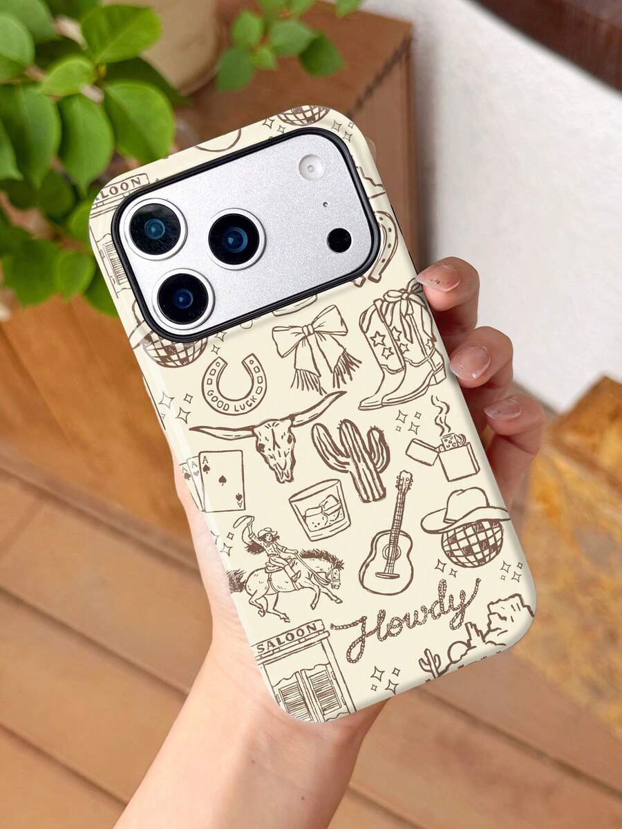 1pc Minimalist Western Style Ocean Element Bow Cherry Billiard Poker Slogan Pattern Glossy 2-In-1 Film Full Coverage Hard Phone Case Compatible With Samsung/ 11/12/13/14/15/16/17 Pro Max - Multicolor - View 1