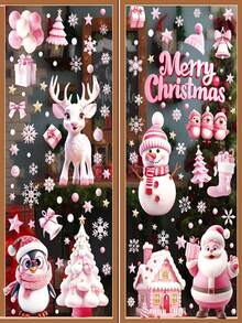 9pcs Pink 3D Christmas Window Stickers, Christmas Decoration Decals, Suitable For Christmas Home Decor, Including Santa Claus, Reindeer, Snowman, Snowflake, Christmas Elements, Suitable For Holiday Office Decoration, Christmas Window Stickers - View 5