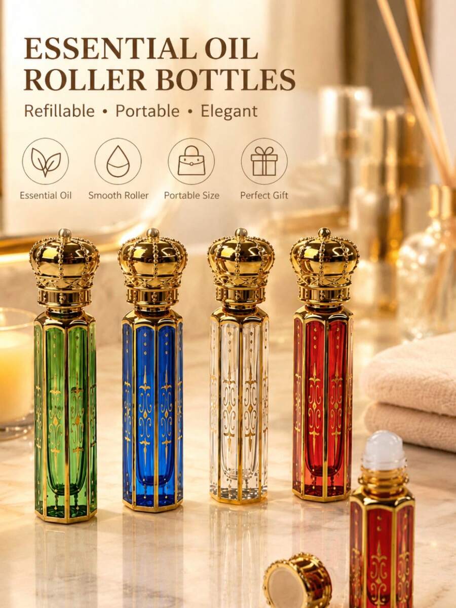 6ml Mini Fragrance Spray Bottle, Refillable Glass Roller Ball Bottle With Crown Cap, Empty Roller Ball Fragrance Container, Portable Travel Fragrance Mixing Bottle, DIY Handmade Project, Essential Oil Storage, Small Portable Bottle Accessory - Multicolor - View 1