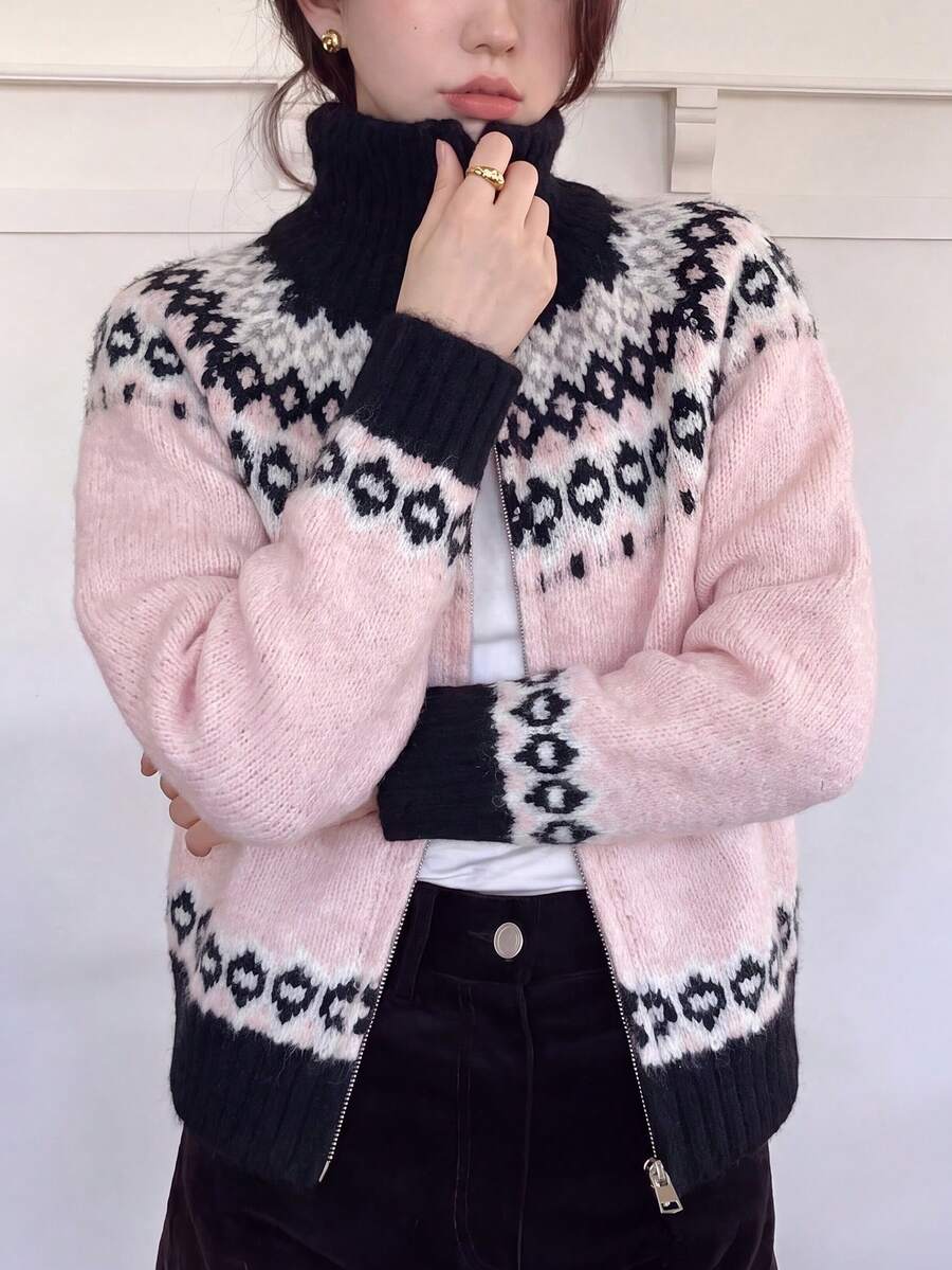 Women's Autumn/Winter Casual Cute Slouchy Retro Pattern Lapel Zipper Knit Cardigan Sweater Jacket Pink - Pink - View 1