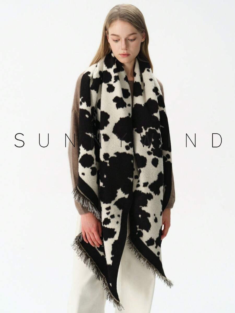 1pc Women's Cow Print Fashion Soft Warm Polyester Faux Mink Fur Scarf, Suitable For Autumn/Winter Daily Wear And Halloween - Black and White - View 1