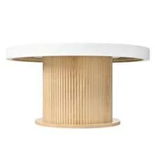 Round Coffee Table With Ribbed Cylindrical Base, Table With White-Wood-Colored Two-Tone Tabletop Made Of MDF And PVC, Living Room Table For The Living Room, Compact Side Table For Small Apartments - 白色 - 查看 7