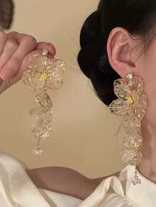 1 Pair Exaggerated Luxury Synthetic Resin Transparent Flower Shell Tassel Earrings For Women, Suitable For Vacation And Party Wear - Transparent + Golden Yellow - View 3