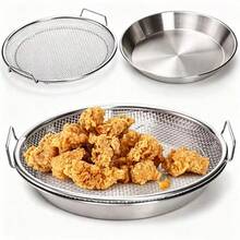 1 Set Saringan Penggorengan Dalam Stainless Steel, Rak Pengeringan Minyak Dapur dengan Pegangan Ganda, Baki Penyaring Minyak Stainless Steel Mengkilap - Keranjang Penyaring Bulat yang Dapat Digunakan Kembali, Menggoreng dan Memanggang Lebih Sehat, Cocok untuk Semua Musim - Perak - View 1